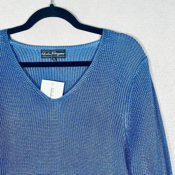 Salvatore Ferragamo Silk Sweater Womens XL Blue Crochet Knit Pullover Tunic NWT - Picture 3 of 12